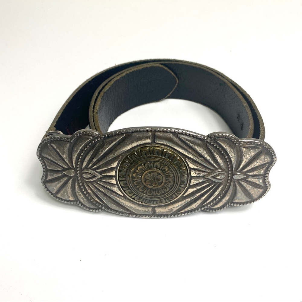 Vintage-Style Black Leather Belt with Ornate Silver-Tone Buckle